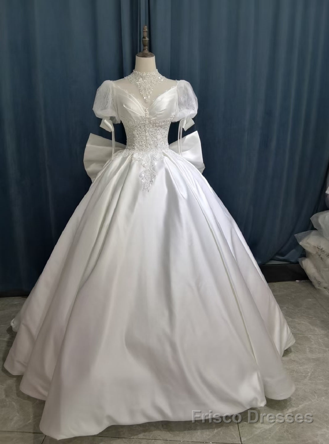 White Satin High Neck Short Sleeve Beading Wedding Dress Main image