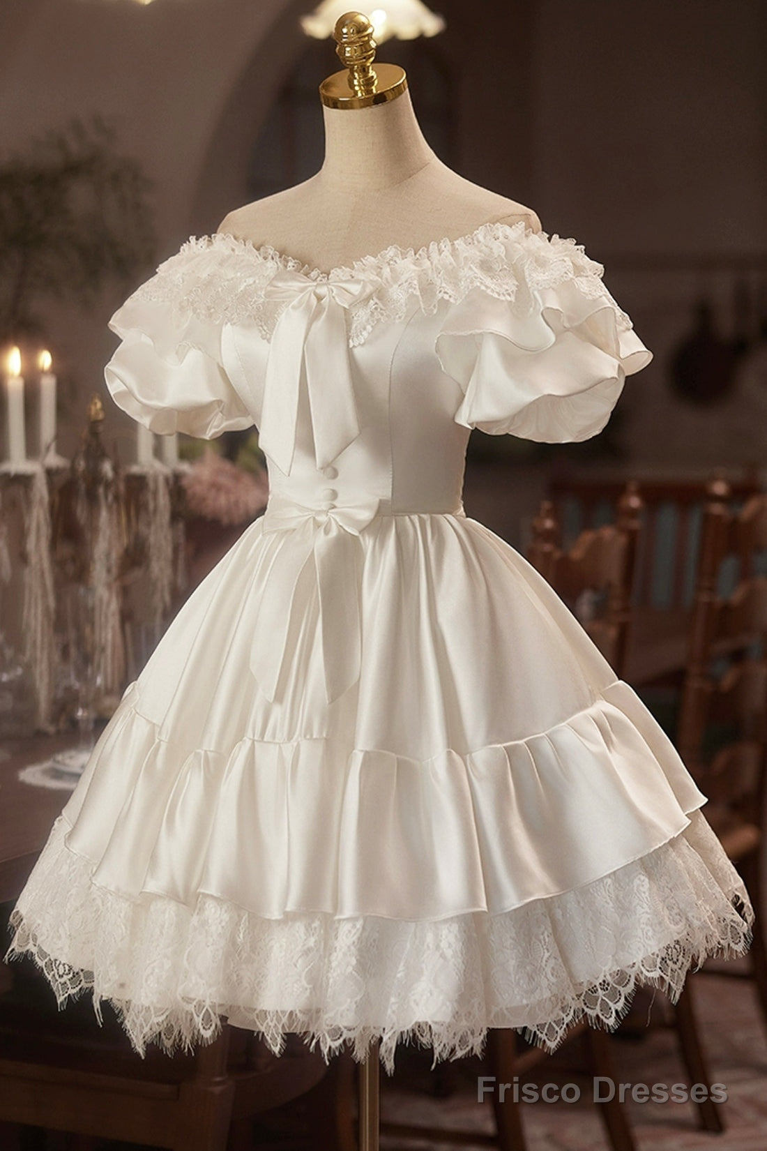 White Satin Lace A-Line Prom Dress, Lovely Off The Shoulder Evening Party Dress Secondary image