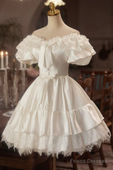 White Satin Lace A-Line Prom Dress, Lovely Off The Shoulder Evening Party Dress