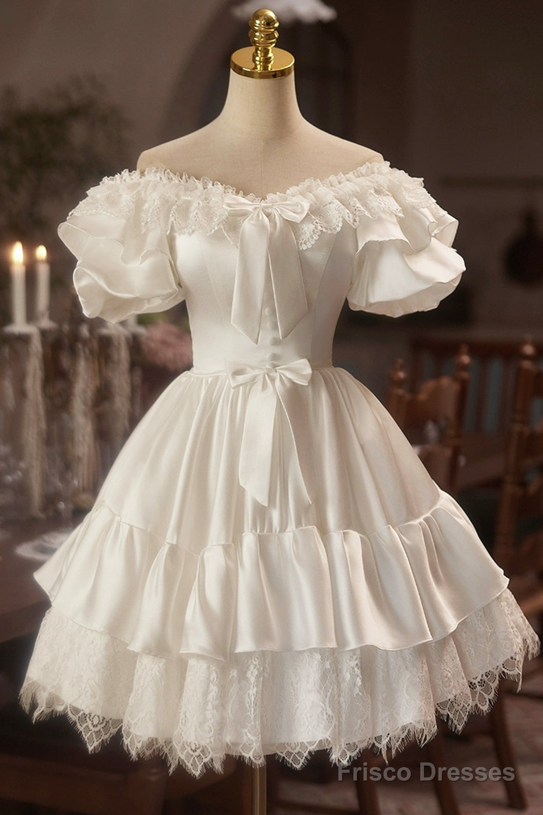 White Satin Lace A-Line Prom Dress, Lovely Off The Shoulder Evening Party Dress Main image