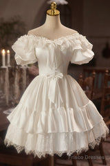 White Satin Lace A-Line Prom Dress, Lovely Off The Shoulder Evening Party Dress