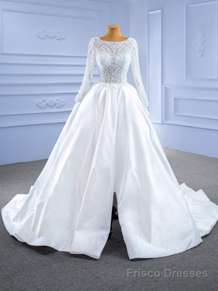 White Satin Lace Long Sleeve Beading Wedding Dress Main image