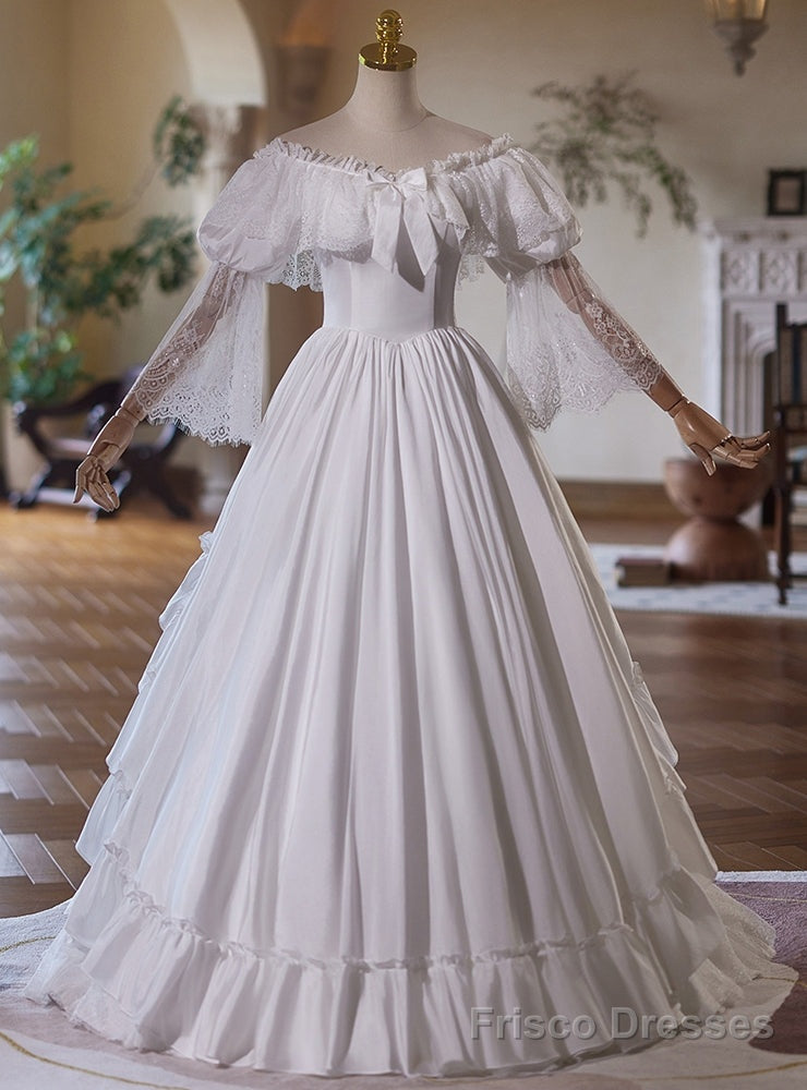 White Satin Lace Long Sleeve Tiers Wedding Dress Main image