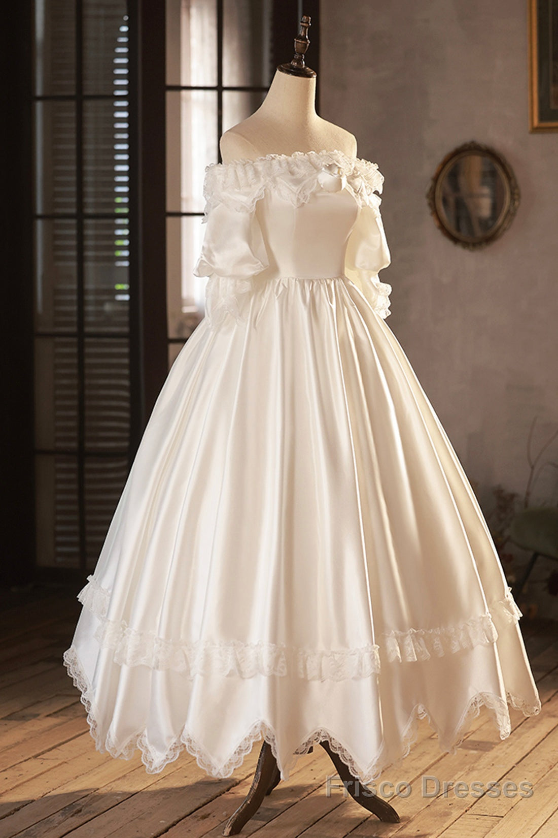 White Satin Lace Prom Dress, White Evening Dress, Wedding Dress Main image