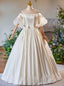White Satin Lace Puff Sleeve Bow Off the Shoulder Wedding Dress