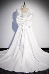 White Satin Long Prom Dress, Beautiful Short Sleeve Evening Dress With Bow
