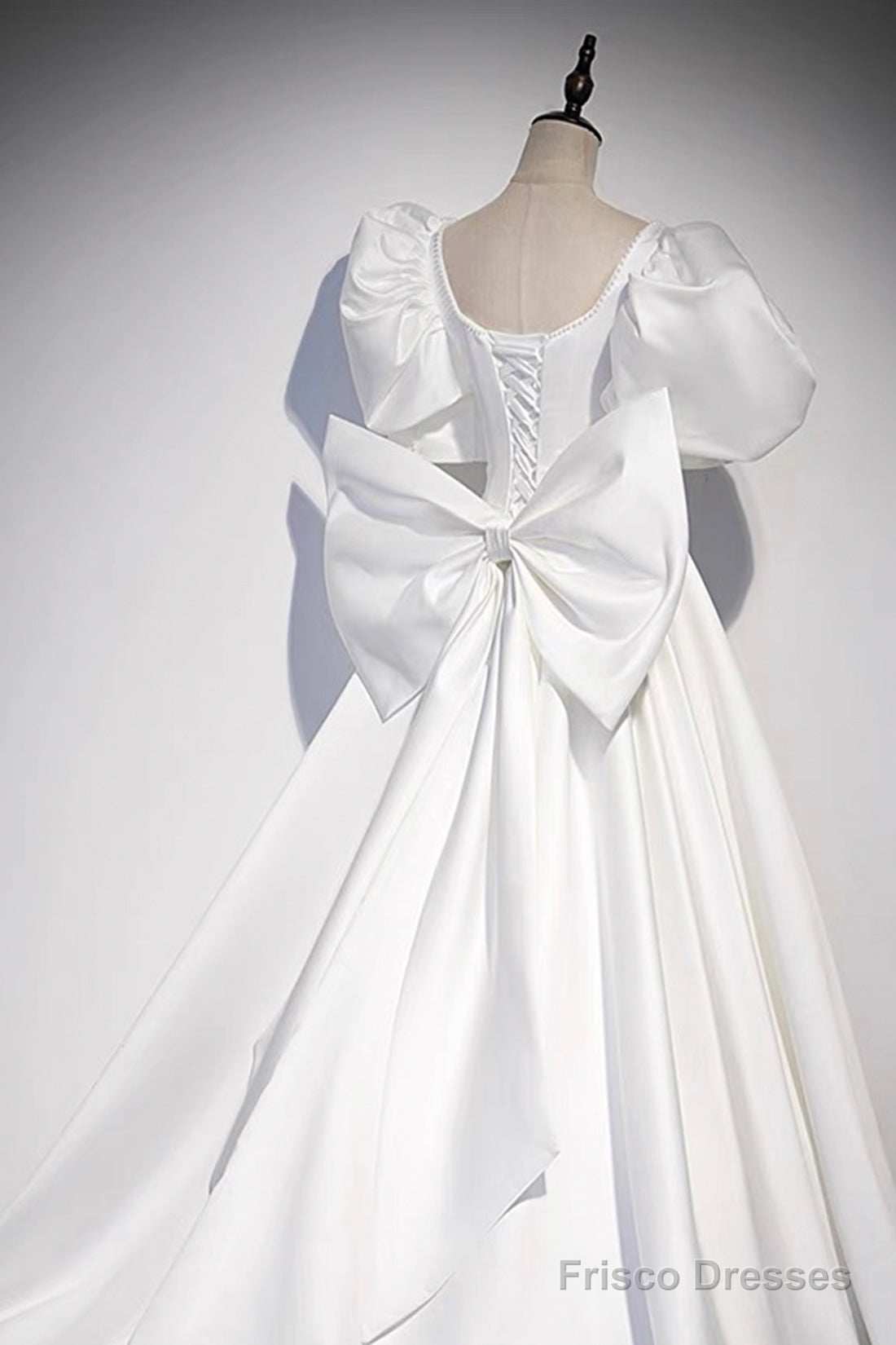 White Satin Long Prom Dress, Beautiful Short Sleeve Evening Dress With Bow