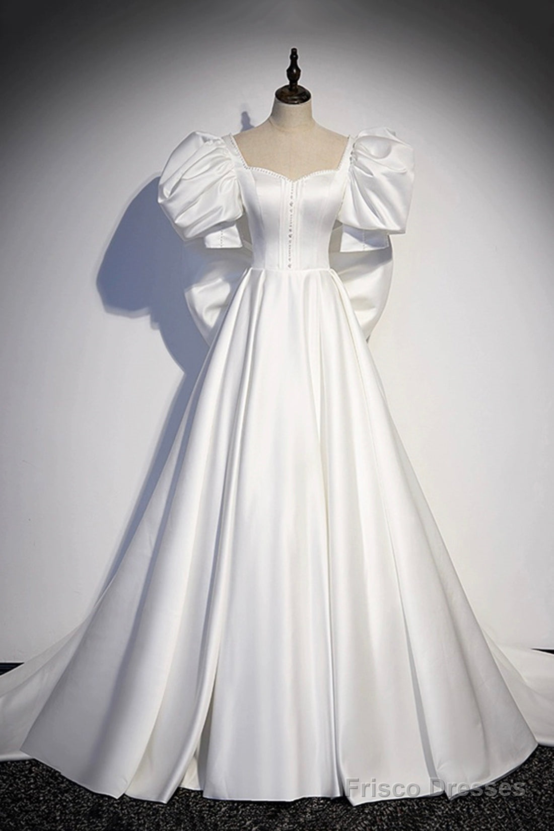 White Satin Long Prom Dress, Beautiful Short Sleeve Evening Dress With Bow Main image