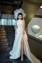 White Satin Long Prom Dress With Slit, Elegant A-Line Backless Evening Party Dress
