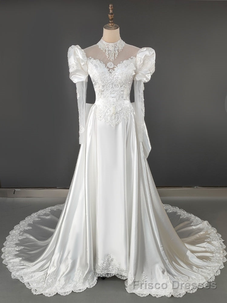 White Satin Long Sleeve Appliques Beading High Neck Wedding Dress Main image