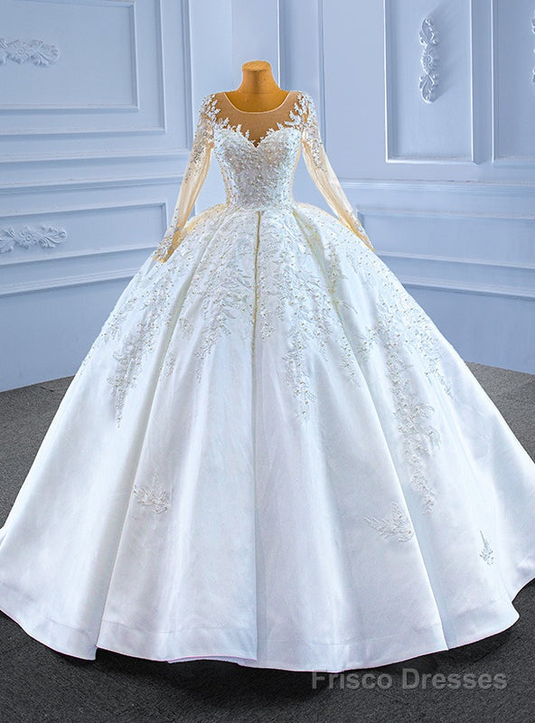 White Satin Long Sleeve Appliques Beading Wedding Dress Main image