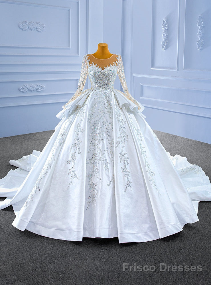 White Satin Long Sleeve Beading Sequins Wedding Dress Main image