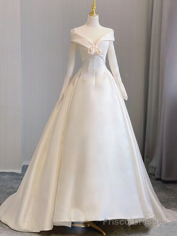 White Satin Long Sleeve Wedding Dress Main image