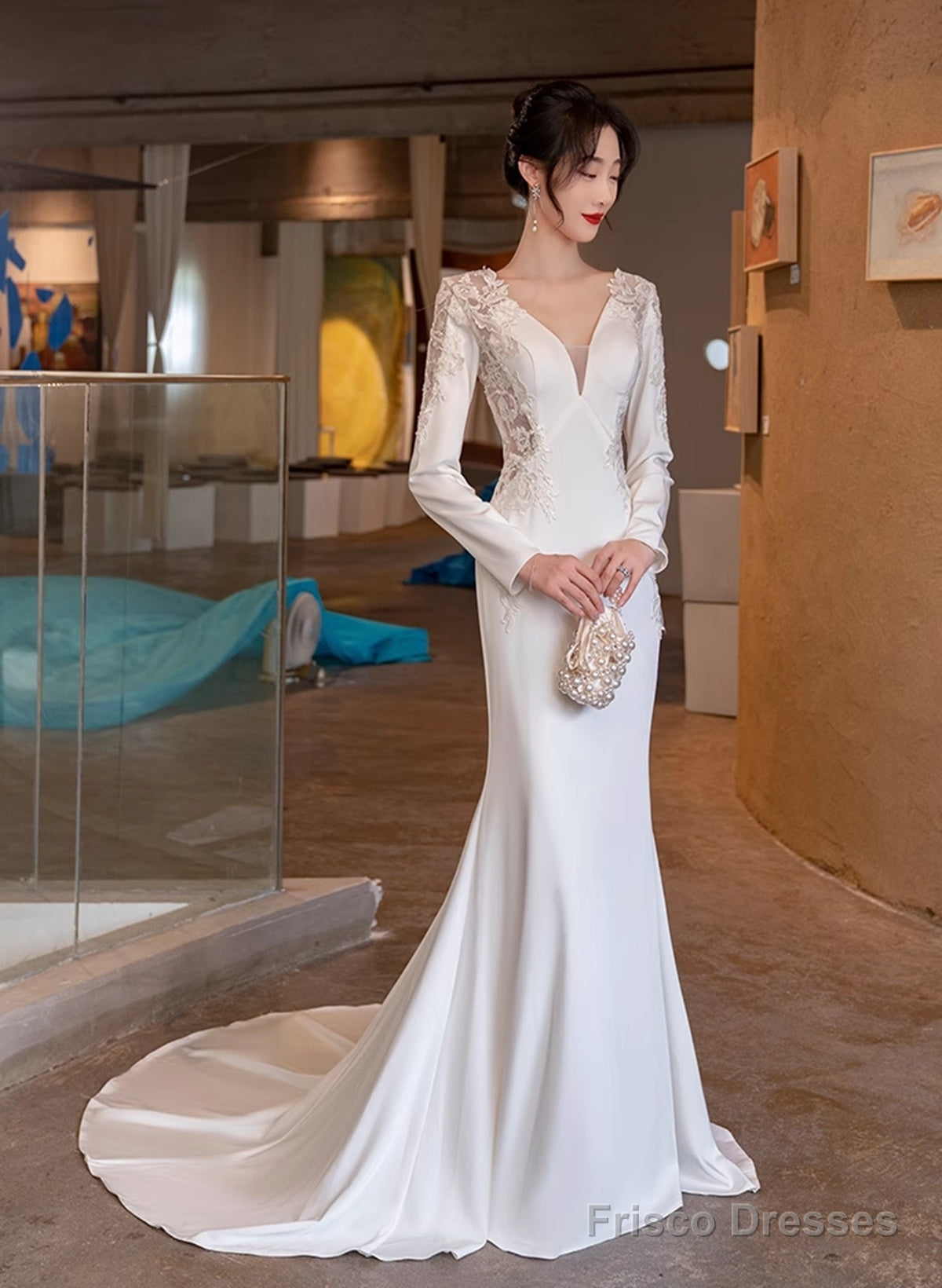 White Satin Mermaid Long Sleeves With Lace Wedding Party Dress, White Long Formal Dress Main image