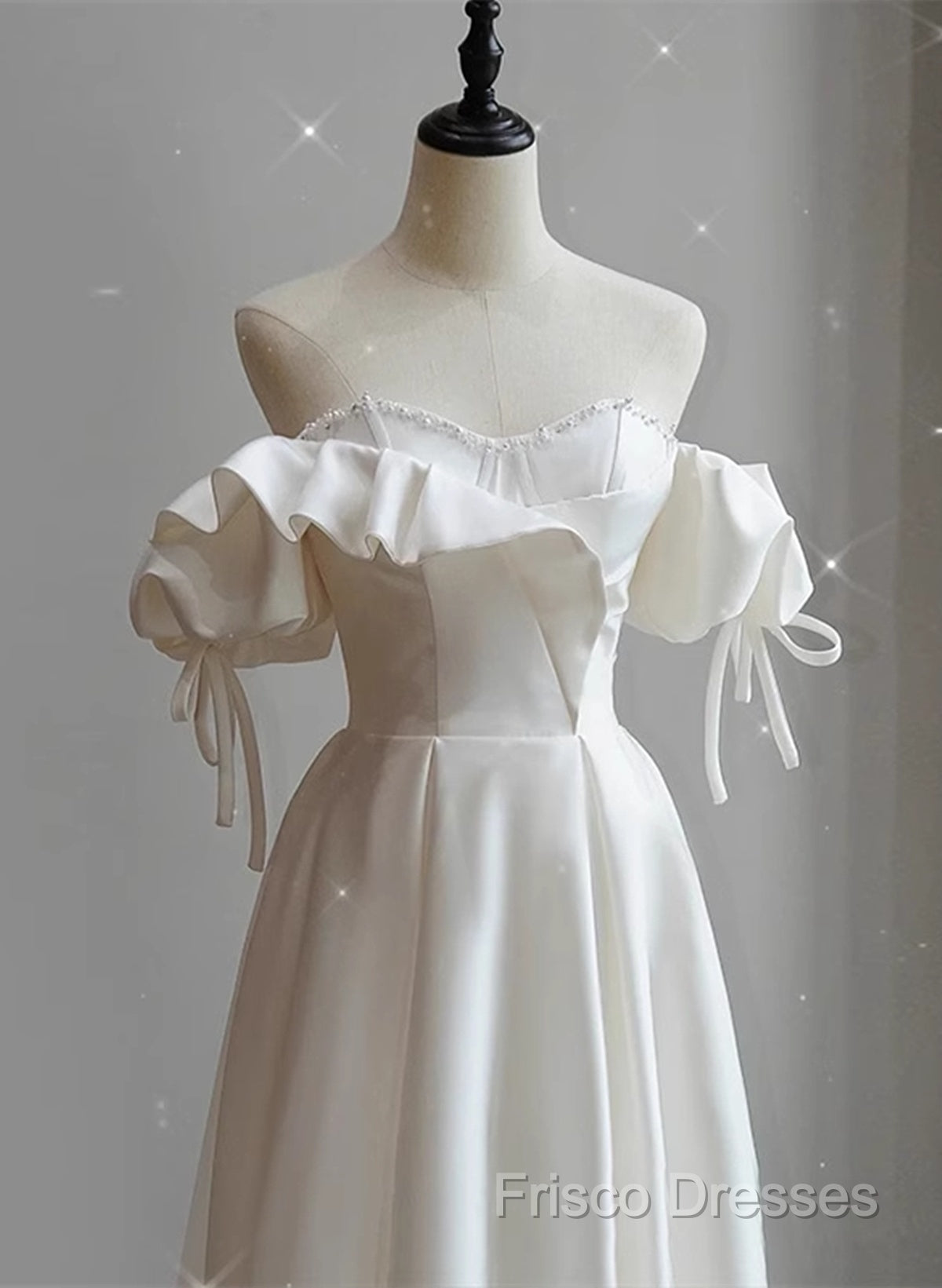 White Satin Off Shoulder Beaded Sweetheart Formal Dress, White Long Formal Prom Dress Secondary image