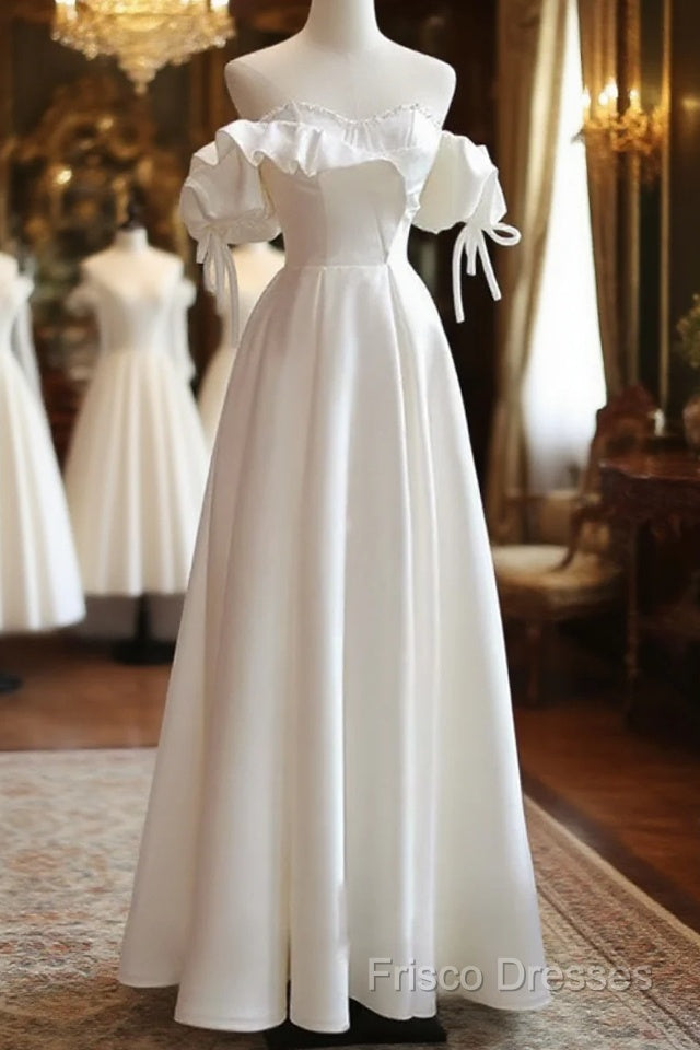 White Satin Off Shoulder Beaded Sweetheart Formal Dress, White Long Formal Prom Dress