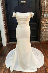 White Satin Off-The-Shoulder Mermaid Long Wedding Dress Pure Color