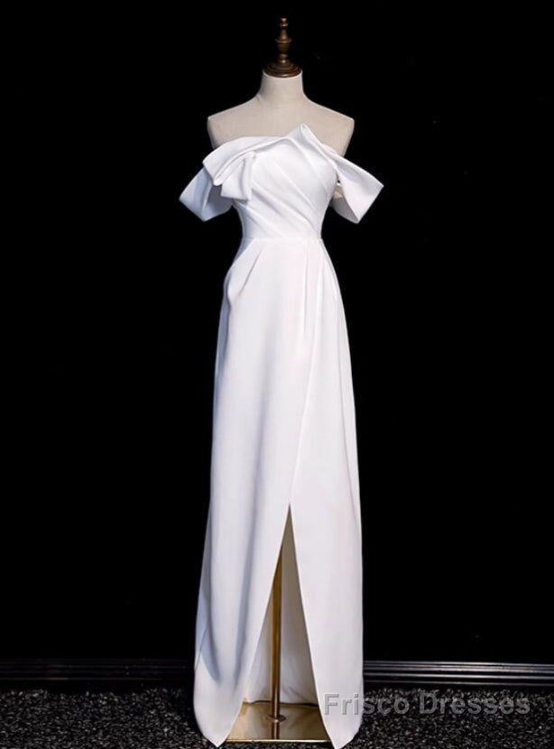 White Satin Off the Shoulder Pleats Split Wedding Dress Main image