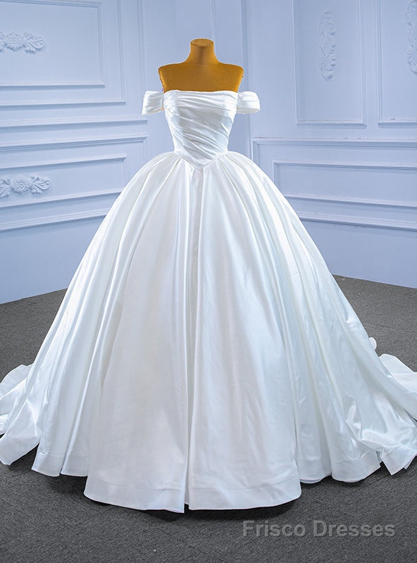 White Satin Off the Shoulder Pleats Wedding Dress Main image