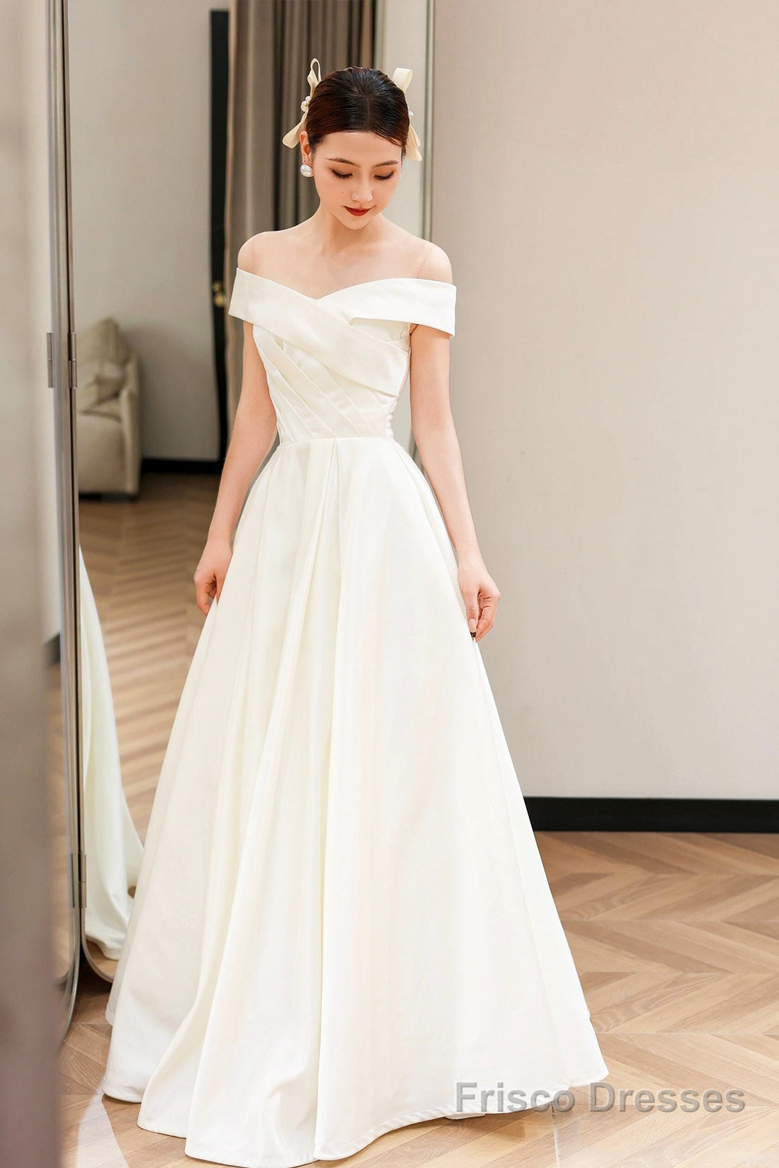 White Satin Off the Shoulder Prom Dress, A-Line Floor Length Evening Party Dress