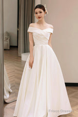 White Satin Off The Shoulder Prom Dress, A-Line Floor Length Evening Party Dress