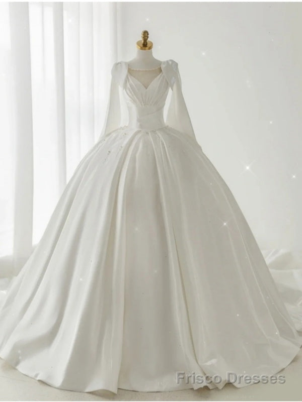 White Satin Pleats Pearls Wedding Dress Main image