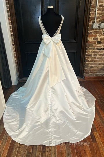 White Satin Plunging Neck Bow-Back A-Line Long Wedding Dress V-Neck Secondary image