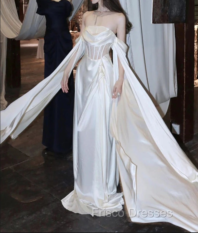 White Satin Formal Prom Dress Satin A-Line Long Scoop Long Evening Dress