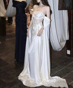 White Satin Formal Prom Dress Satin A-Line Long Scoop Long Evening Dress