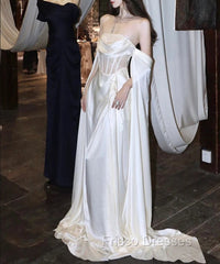 White Satin Formal Prom Dress Satin A-Line Long Scoop Long Evening Dress