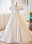 White Satin Puff Sleeve Backless Flower Wedding Dress