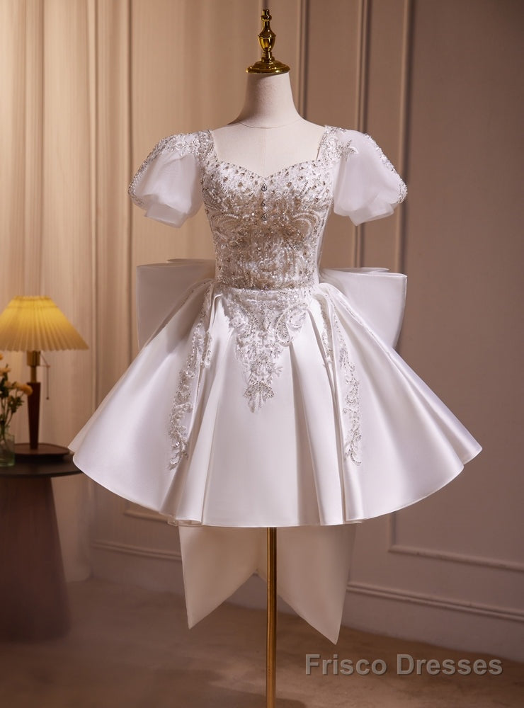 White Satin Puff Sleeve Beading Homecoming Dress Main image