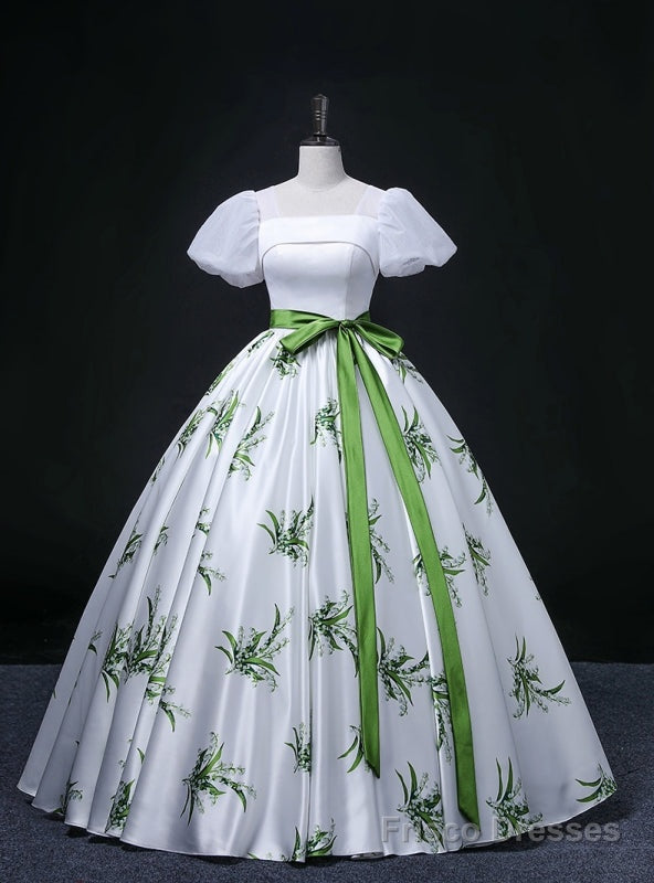 White Satin Puff Sleeve Print Quinceanera Dress Main image