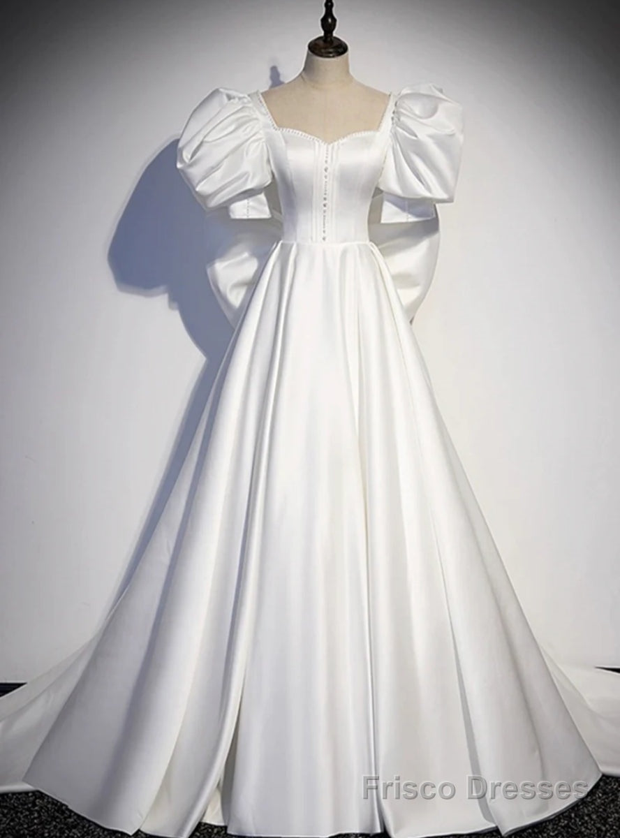 White Satin Puff Sleeve Wedding Dress With Bow Main image