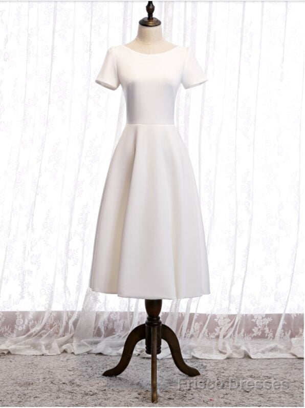 White Satin Short Sleeve Lace Back Short Prom Dress Main image