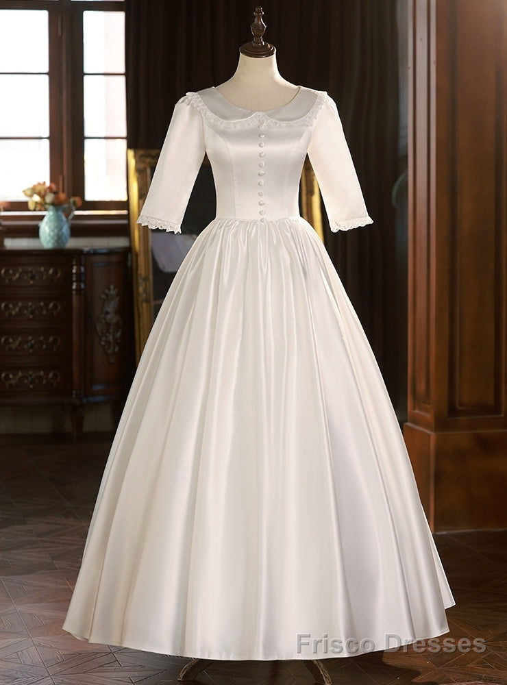 White Satin Short Sleeve Lace Button Wedding Dress Main image