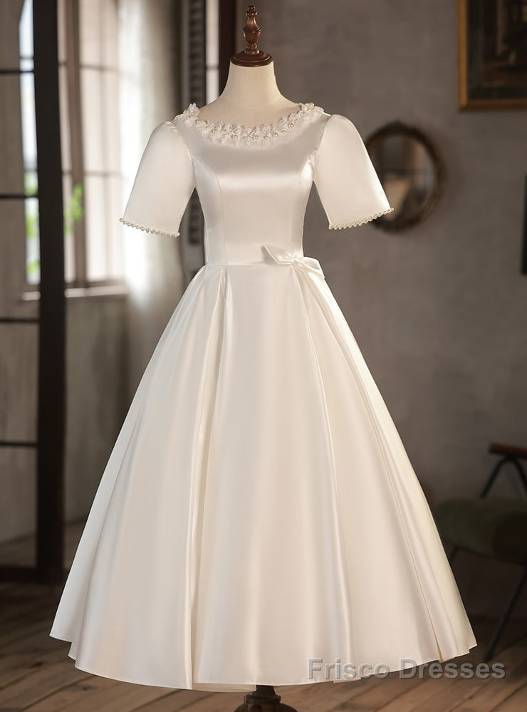 White Satin Short Sleeve Pearls Wedding Dress Main image