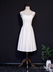 White Satin Spaghetti Straps Knee Length Prom Dress