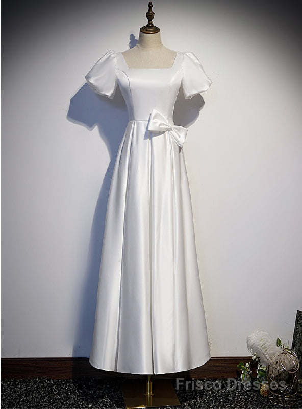 White Satin Square Puff Sleeve Bow Prom Dress Main image