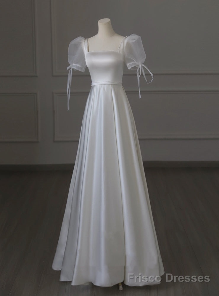 White Satin Square Puff Sleeve Pearls Wedding Dress Main image