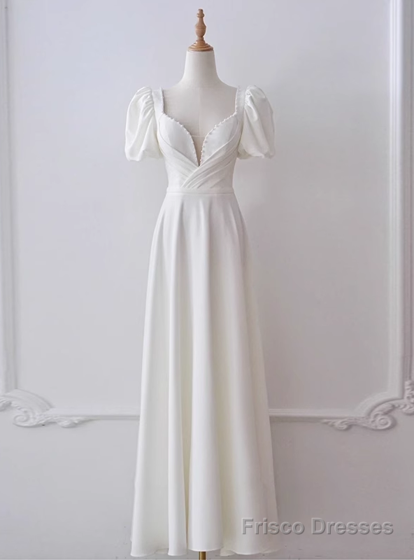 White Satin Square Puff Sleeve Pleats Pearls Wedding Dress Main image