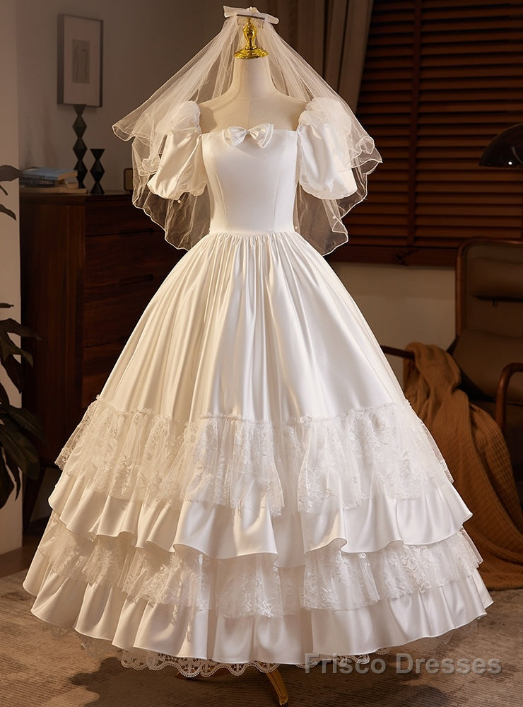 White Satin Square Puff Sleeve Vintage Wedding Dress Main image