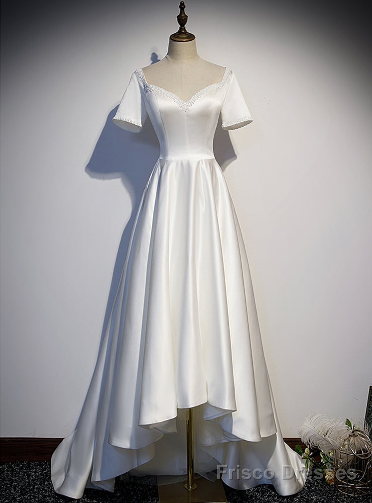 White Satin Square Short Sleeve Pearls Prom Dress Main image