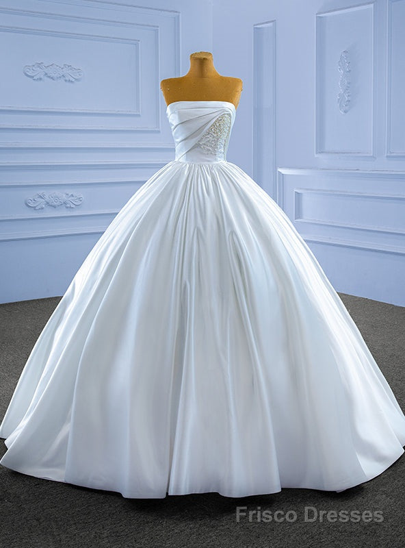 White Satin Strapless Pearls Pleats Wedding Dress