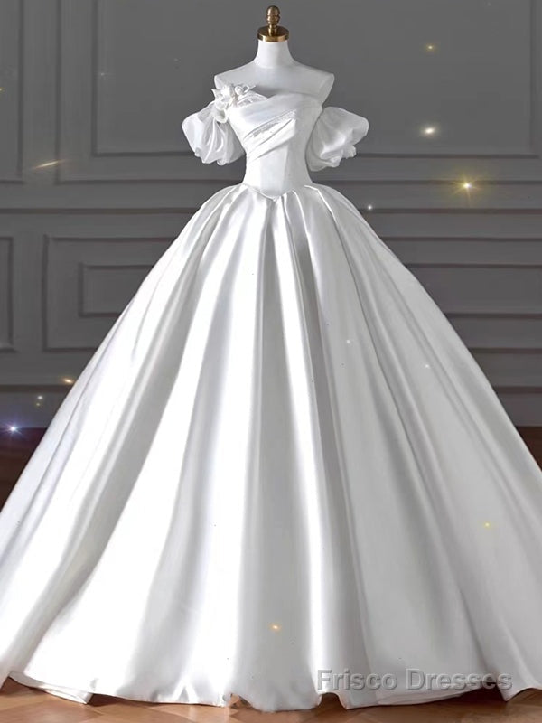 White Satin Strapless Pleats Beading Wedding Dress Main image