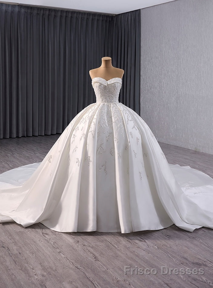 White Satin Strapless Sequins Wedding Dress Main image