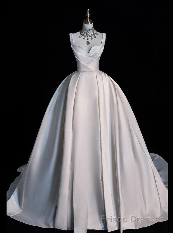 White Satin Straps Pleats Wedding Dress Main image