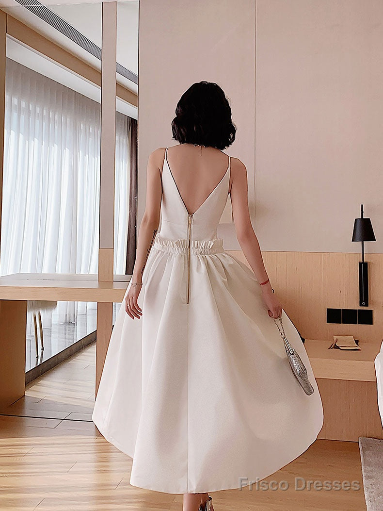 White Satin Tea Length Prom Dress, White Evening Dress Secondary image