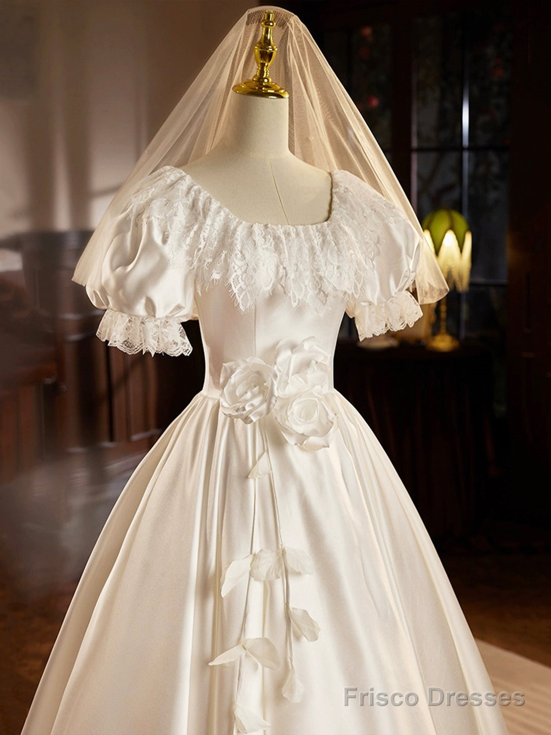 White Satin Tea Length Prom Dress With Lace, Retro A-Line Evening Party Dress Secondary image