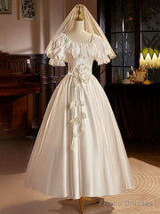 White Satin Tea Length Prom Dress With Lace, Retro A-Line Evening Party Dress